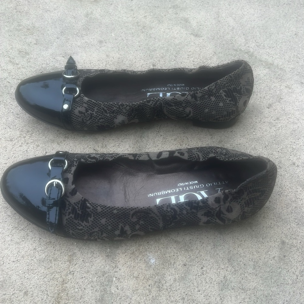 AGL Attilio Leombruni Black/Taupe Floral Toe Cap Flat Women's Size 37.5 / 7.5 - Picture 5 of 9